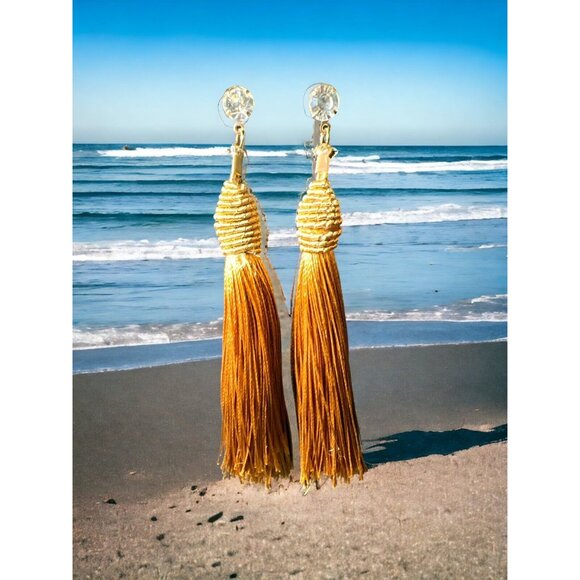 Vertiche Beautiful Gold Long Silky Tassel Earrings with Faux Diamond Studs - Picture 1 of 7